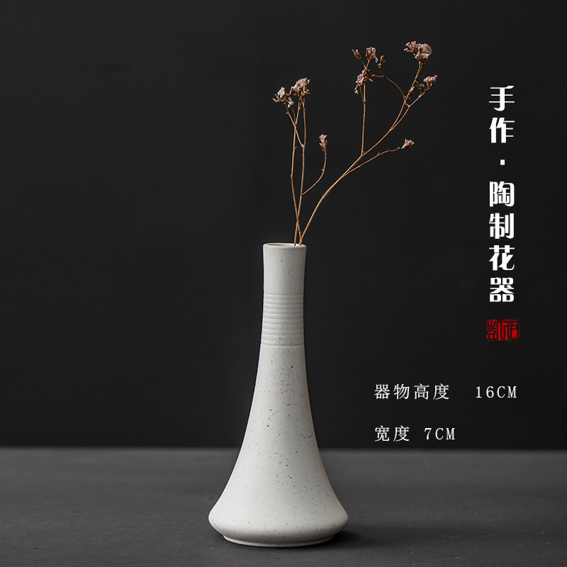 日式粗陶手制花瓶复古禅意桌面花器陶瓷花插水培小花插工艺品摆件 三维工匠 米白花瓶/个(款式七)高清大图