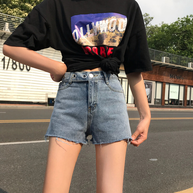 韩版夏装2018新款显瘦百搭休闲chic腰带牛仔裤高腰短裤热裤女学生蓝色