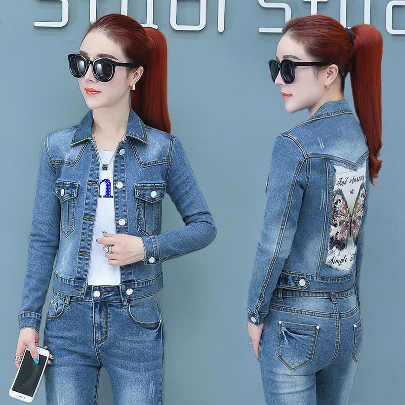 牛仔外套女春夏季蝴蝶印花牛仔衣弹力修身破洞流苏长袖上衣夹克潮