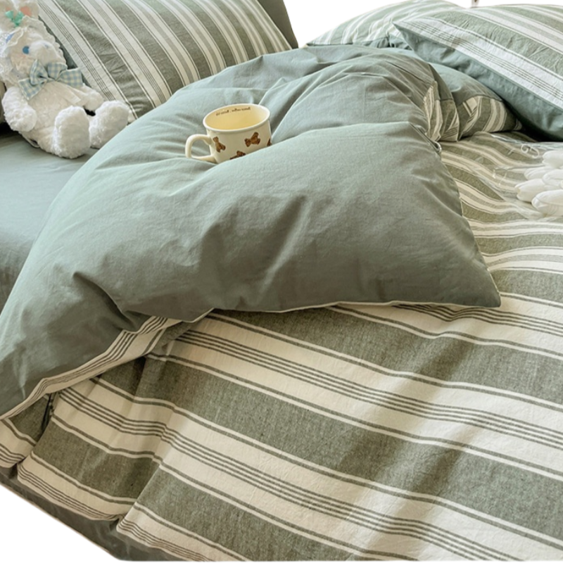 铭思沃四件套2.0*2.2米床 绿条纹 套高清大图