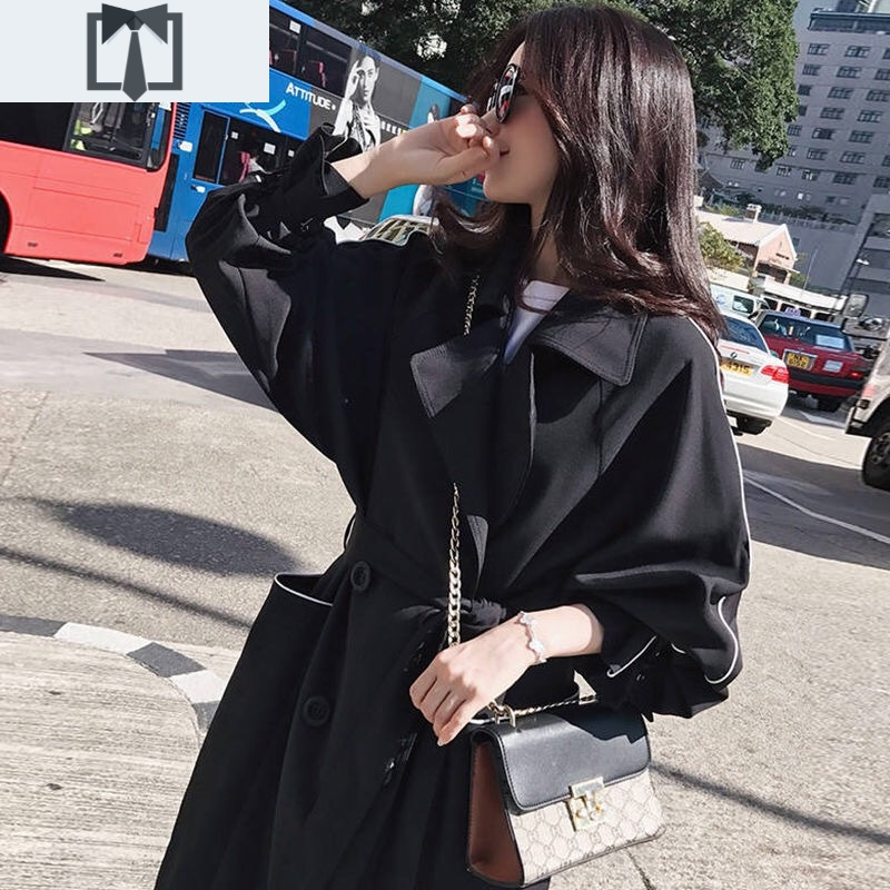SUNTEK风衣女中长款春秋2020年新款过膝韩版宽松黑色大衣流行小个子外套风衣