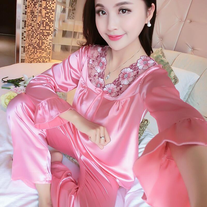 睡衣女夏冰丝长袖套装春秋韩版性感蕾丝丝绸夏季家居服休闲