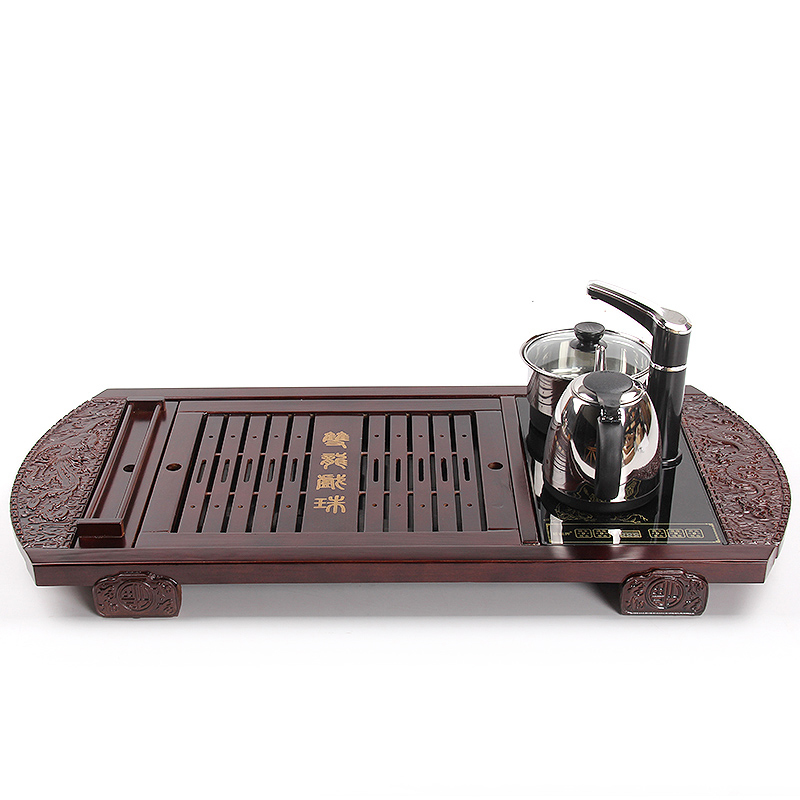百鸿 整套陶瓷功夫茶具茶壶冰裂釉茶具套装自动加水实木茶盘茶海托盘 柏木龙凤呈祥10件绿冰裂电热炉套装