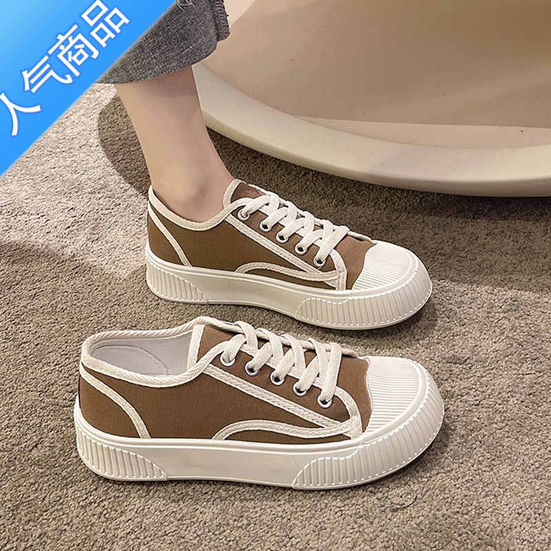 SUNTEK网红厚底帆布鞋女鞋子2023新款春夏百搭小香风休闲运动板鞋小白鞋高清大图