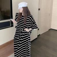 长款连衣裙2020新款气质时尚ins裙子女夏学生韩版宽松显瘦仙女裙 黑条纹 送腰带 XXS 30斤内穿