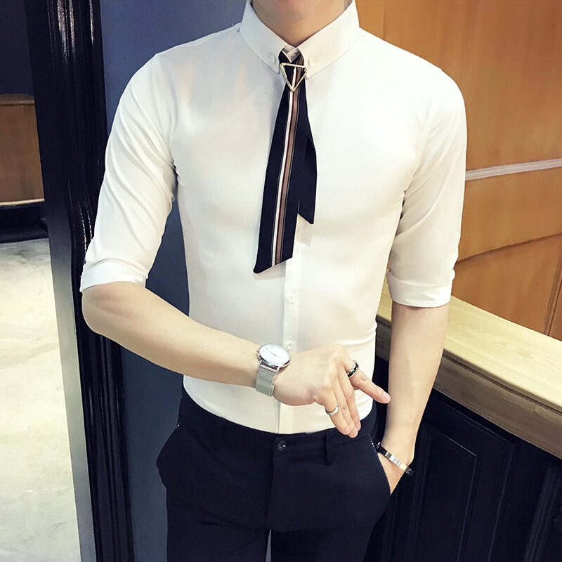 夏季韩版潮流衬衫半袖衬衣男称衫理师上衣服美师服装个性衬褂
