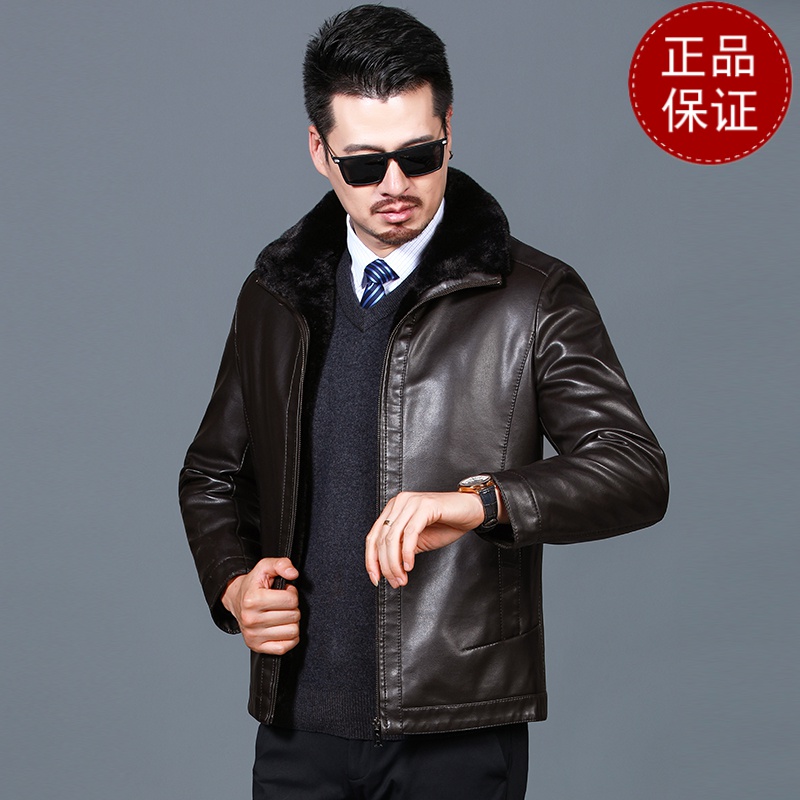 免费试穿 加绒加厚男式皮衣翻领百搭中老年爸爸衣服保暖棉袄防水免洗户外衣2024冬装新款外套潮海宁软皮夹克大码男装高清大图