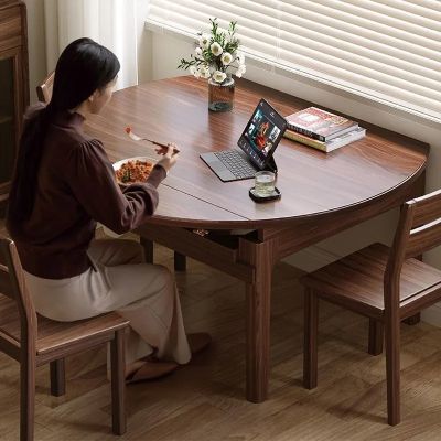 青木川 简约现代南美黑胡桃木餐桌椅组合四人六人6人客厅餐厅家用小户型方圆可变圆桌多功能圆形吃饭桌子跳台 1.35米长餐桌+六椅 黑胡桃色