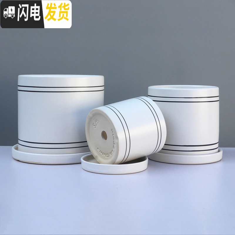 三维工匠简约白色花盆陶瓷大号带托盘创意现代北欧式家用阳台盆栽花钵 蓝色芦苇+配陶瓷托盘 小号直径13cm高1花盆容器高清大图