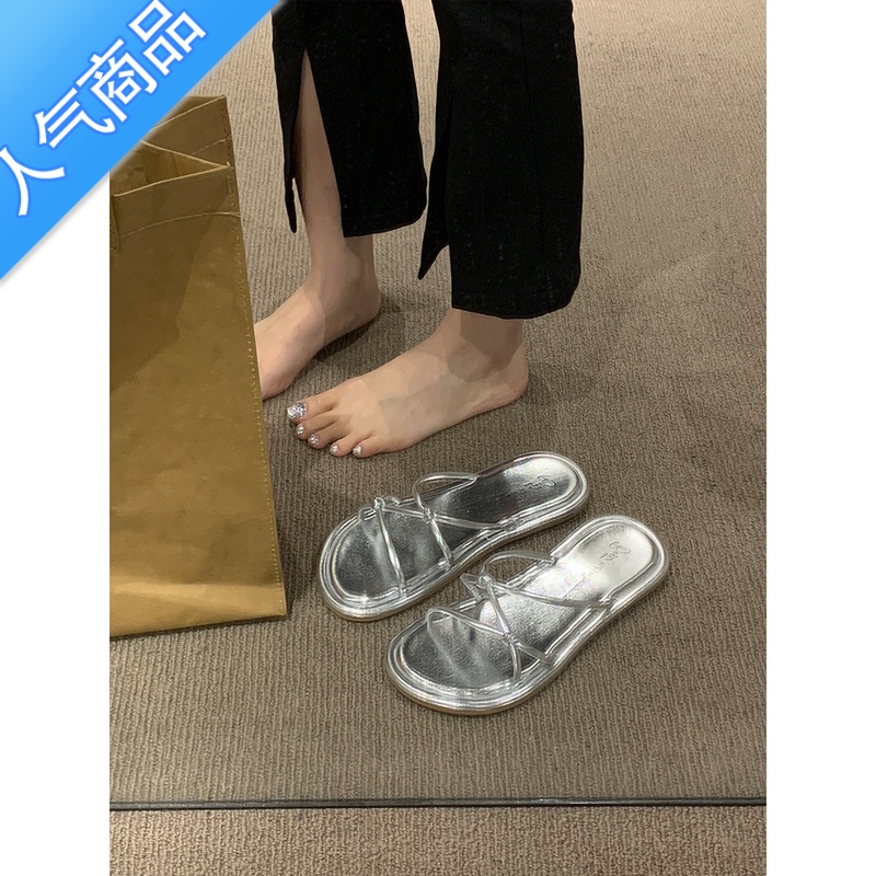 SUNTEK法式小凉拖外穿女鞋2023年春夏新款软底细带仙女风配裙子银色凉穿高清大图