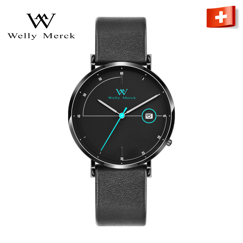 wellymerckc时尚潮流超薄夜光防水石英男表黑壳黑面黑皮带wm004ml1bbl