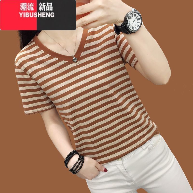 YIBUSHENG2024装新款V领短袖t恤女宽松上衣服中年妈妈半袖条纹小衫高清大图