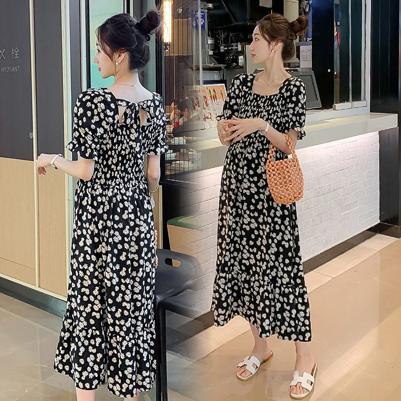 孕妇装夏装哺乳连衣裙夏季外出时尚孕妇小雏菊雪纺碎花长裙辣妈款