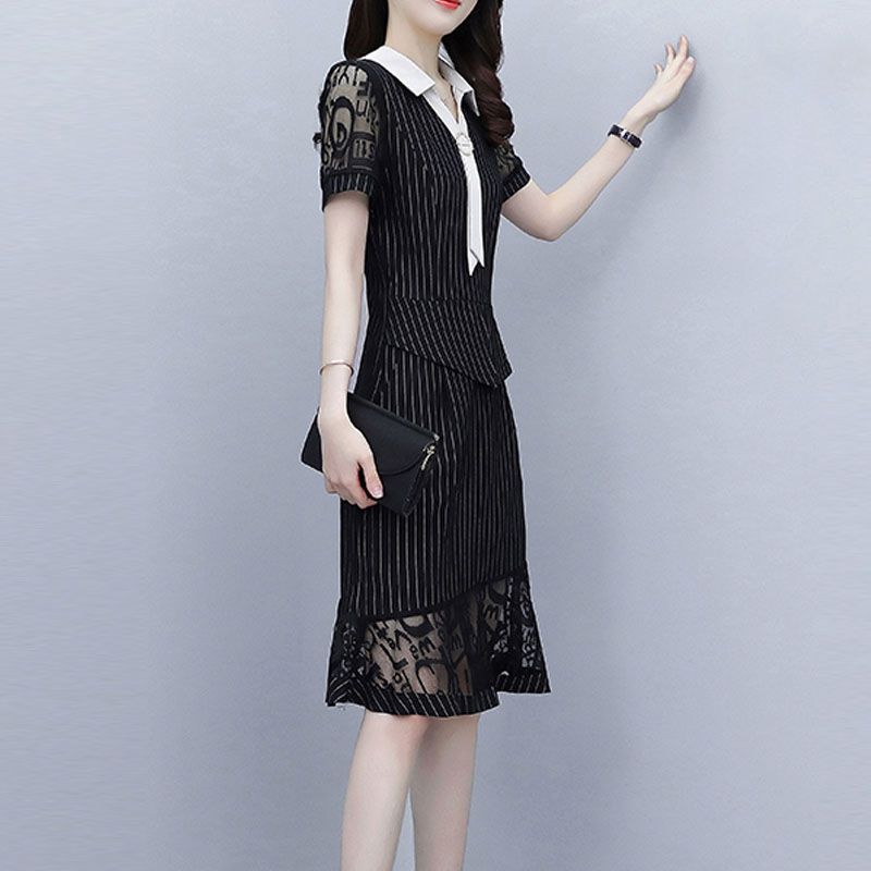 假两件条纹衬衫领连衣裙2021夏装新款妈妈装显瘦减龄遮肚大码女装 [1825#]黑色 L [建议115斤内]