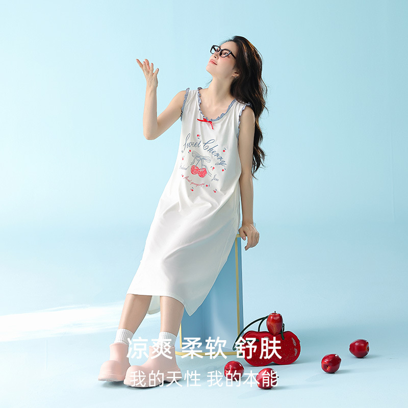 米奇喵[超柔软]甜美樱桃印花背心花边领睡裙女夏宽松中长款莫代尔居家 甜美樱桃印花背心睡裙 尺码备注高清大图