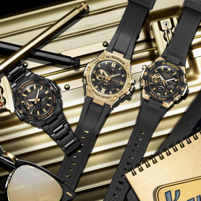 CASIO 男士黑金色充电奢华腕表GSTEEL系列时尚运动手表