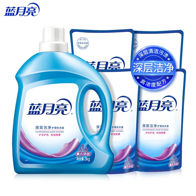 蓝月亮 洗衣液 机洗手洗 深层洁净 去污去渍 低泡易漂洗 薰衣草香 10斤 3kg*1瓶 +500g袋*4高清大图