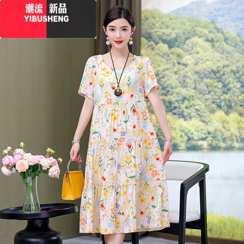YIBUSHENG棉绸连衣裙女季大码时尚年轻妈妈装气质甜美孕妇碎花中装妈气裙 3XL建议130-145斤 216#9号