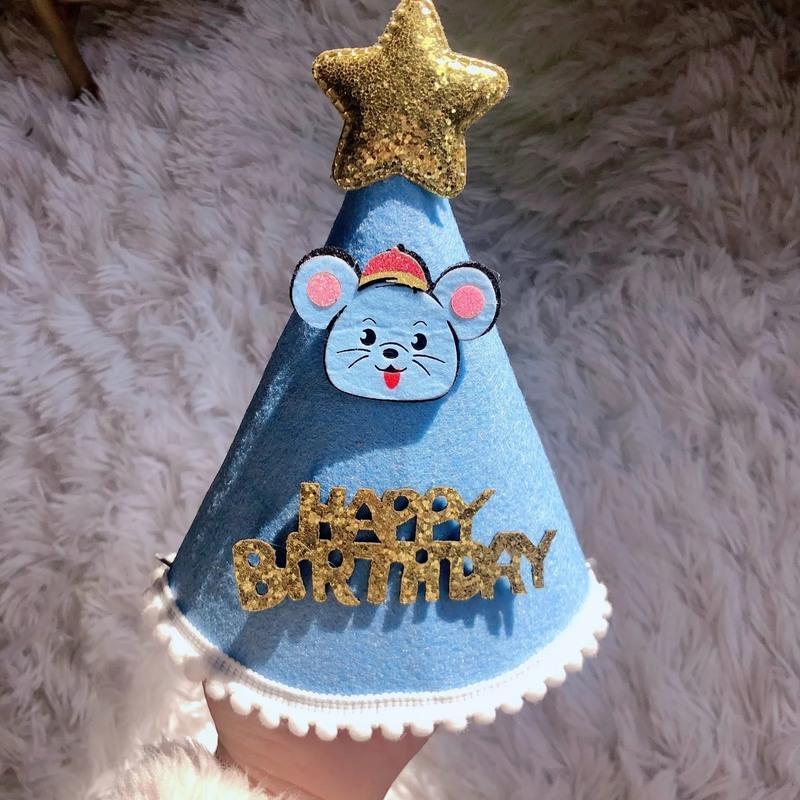 不织布生日帽ins烘焙拍照帽子成人宝宝周岁布置装饰帽天蓝色浅蓝鼠