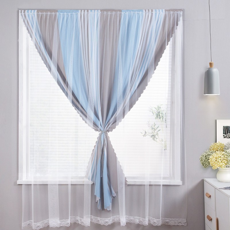 美帮汇魔术贴窗帘 免打孔安装北欧简约卧室全遮光布防晒隔热少女款 蓝条纹-带纱全遮-魔术贴 宽0.9X高2.0