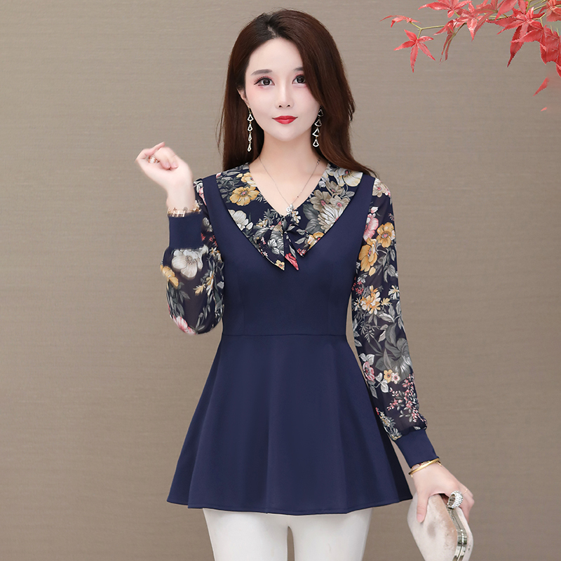 小样传奇印花拼接中长款打底衫大码女装娃娃领春装外穿妈妈装修身上衣