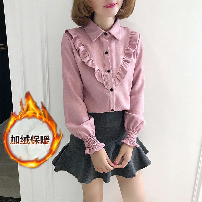 常规/加绒加厚 秋冬装荷叶边衬衫韩版长袖女百搭系带蝴蝶结衬衣潮
