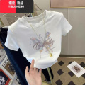 YIBUSHENG设计感小众粉色正肩短袖t恤女短款上衣2024季新款修身小个子in新 L建议100-110斤 白色短款Bu蝴蝶