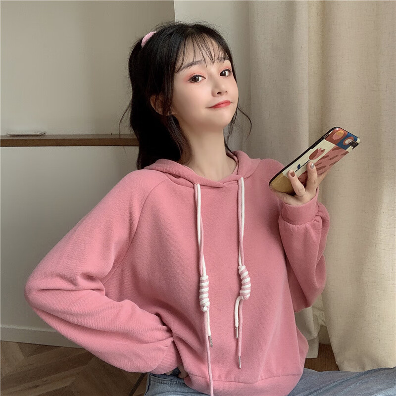 权小威早秋款女生卫衣女带帽春秋短款学生帽衫长袖上衣秋冬新款色韩版