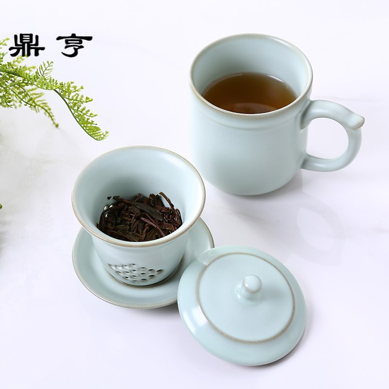 鼎亨汝窑茶杯 带盖过滤茶水分离办公杯陶瓷老板杯办公室喝茶泡茶