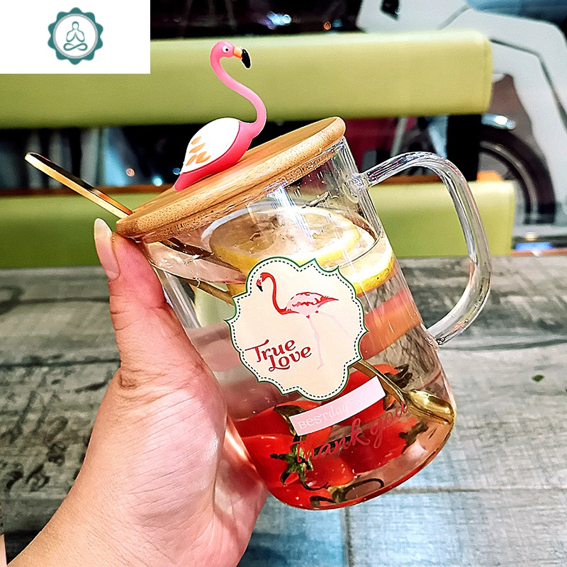 清新简约创意个性潮流带吸管玻璃水杯带把女生家用森系办公室杯子 封后 火烈鸟True450毫升+竹盖+钢勺