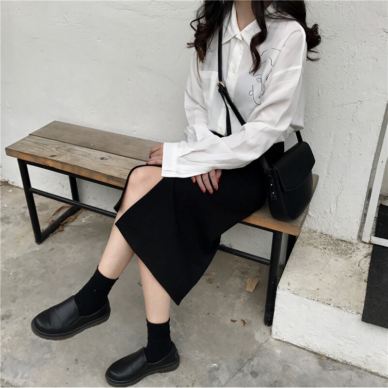 春季韩版百搭开叉A字半身裙女显瘦高腰包臀中长裙修身一步裙黑色