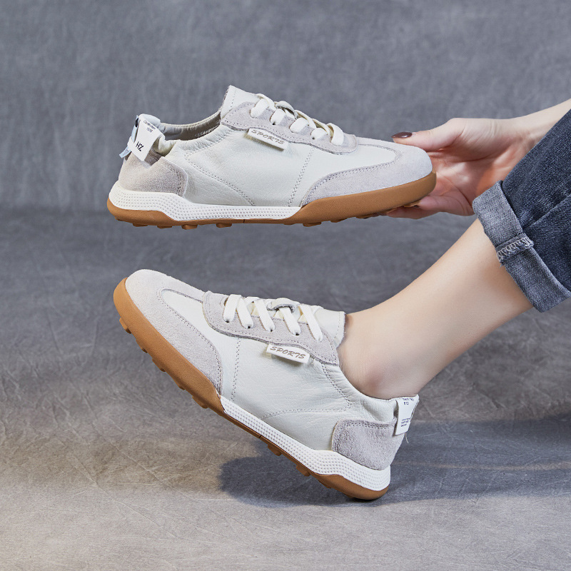 真皮复古拼接德训鞋女2024年春季新款阿甘鞋平底休闲运动板鞋女