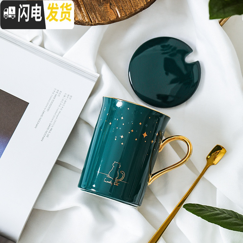 三维工匠创意星空猫水杯子北欧陶瓷马克杯带盖勺个性潮流咖啡茶杯男女家用