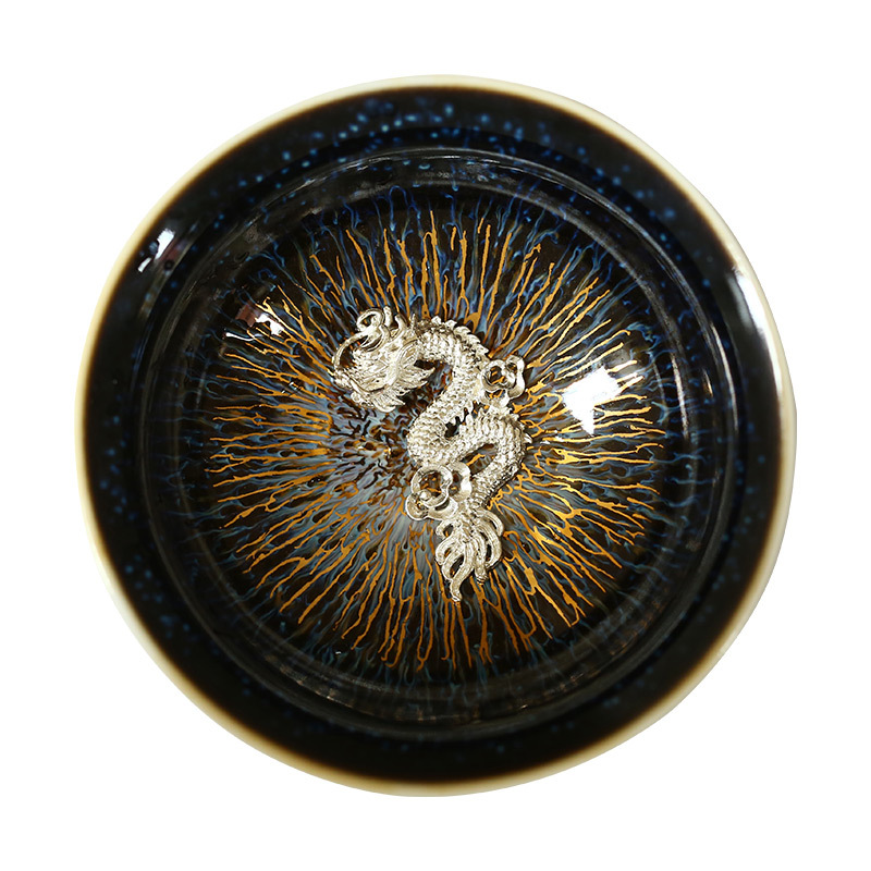 金丝天目釉建盏茶杯兔毫盏镶银主人杯窑变单杯十二生肖银杯 三维工匠