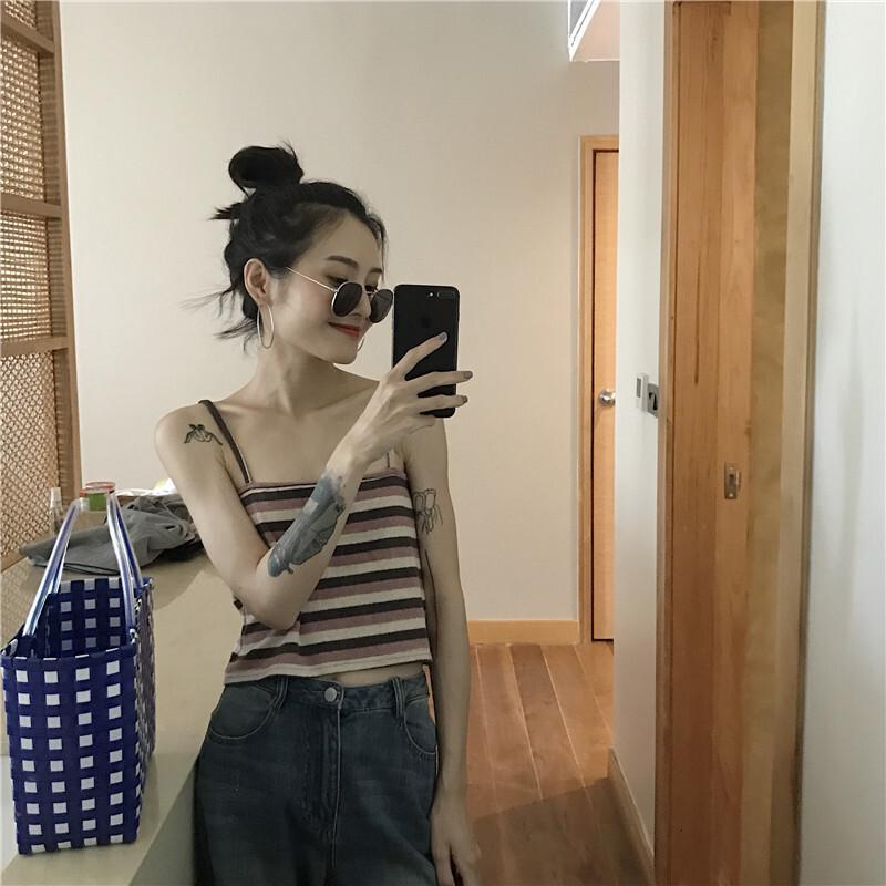 小清新港味复古撞色条纹短款小带背心女蓝色均码