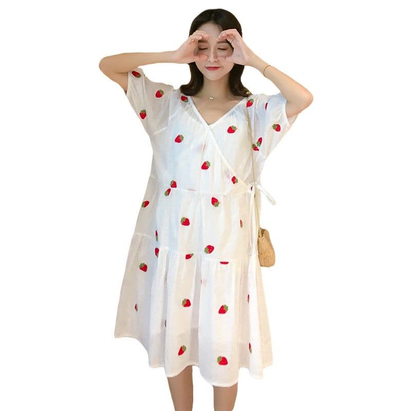 迪鲁奥(DILUAO)孕妇装夏装外出2021新款V领显瘦孕妇连衣裙中长款时尚潮妈孕妇裙子夏季宽松透气 白色图片