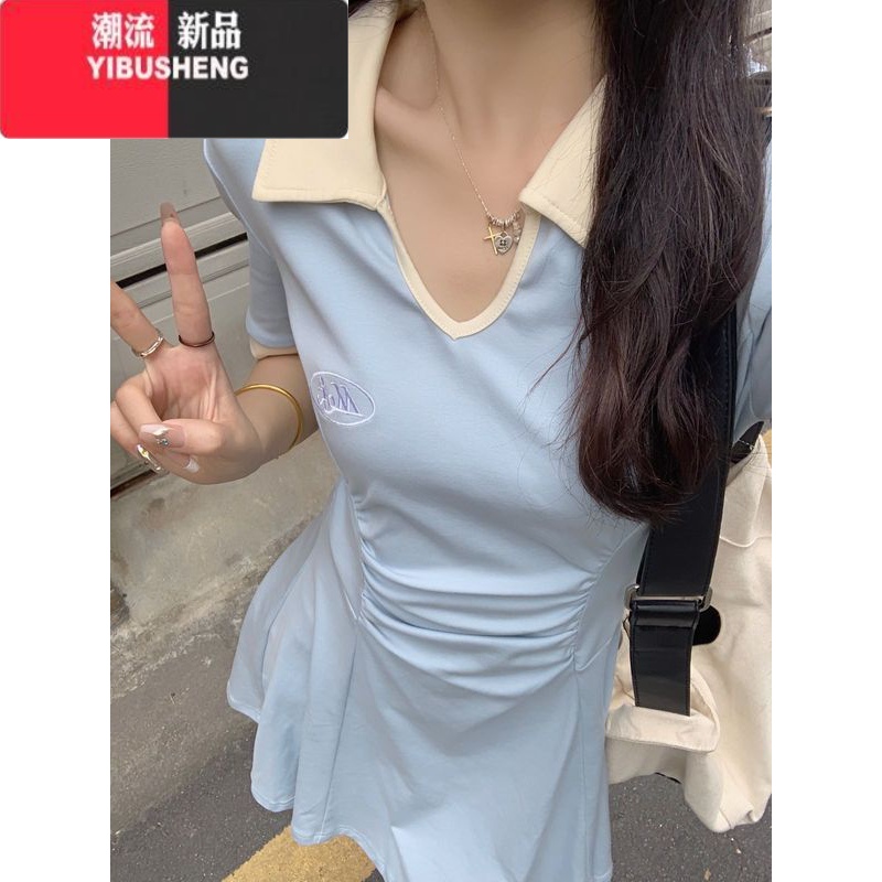 YIBUSHENG大码polo领连衣裙女2024季新款胖mm收腰A字显瘦遮肚领显显瘦 3XL码建议160-180斤 浅蓝色短款