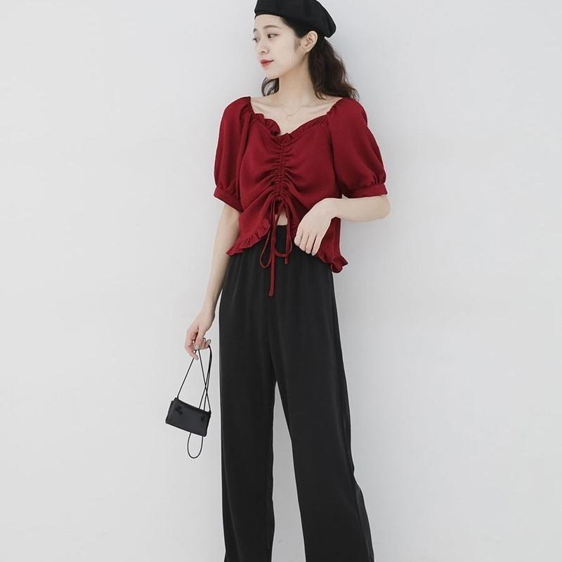单/大码女装胖妹妹套装2021夏韩版宽松显瘦上衣+遮肉阔腿裤两件套 黑色阔腿裤 S 80-95斤