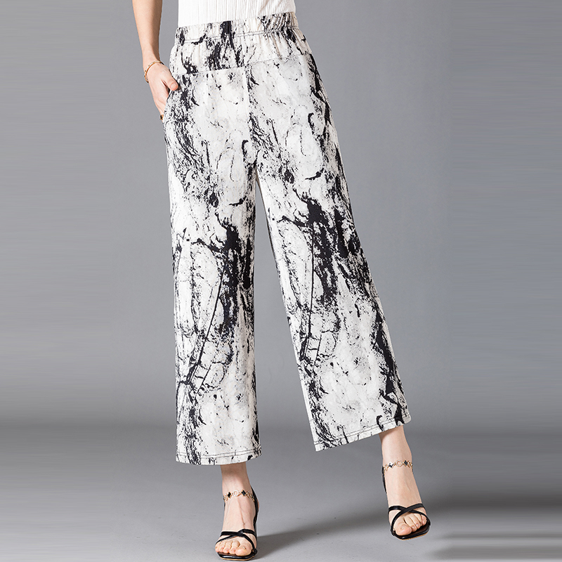 法曼斯新款高档冰丝裤薄款时尚洋气妈妈花裤子夏季中老年冰丝女裤
