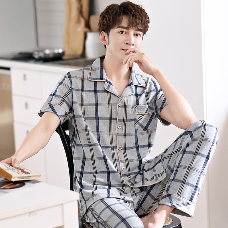 睡衣男夏季纯棉短袖长裤男士薄款中年爸爸夏天男款全棉套装家居服