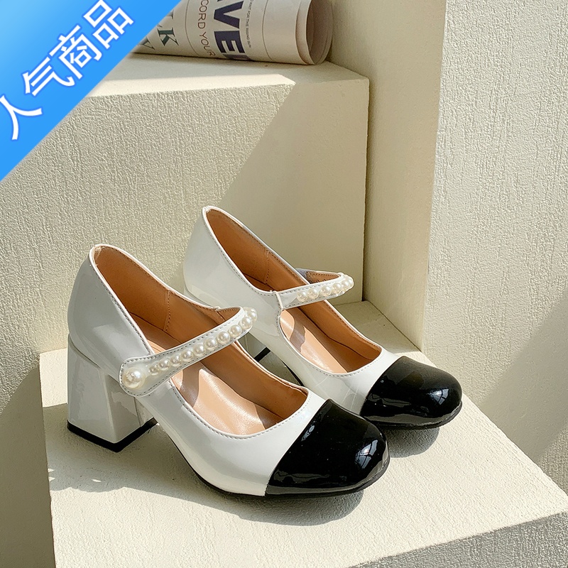 SUNTEK法式玛丽珍鞋女复古单鞋黑白鞋子气质高跟鞋珍珠小众链条白色皮鞋高清大图