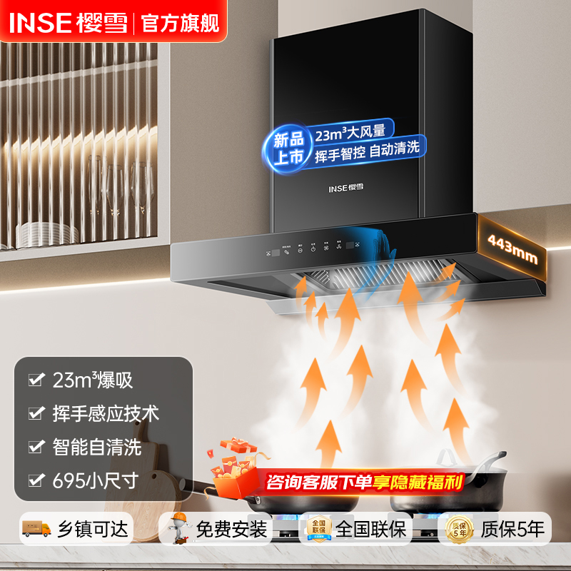 樱雪(INSE)F2528抽油烟机家用 欧式顶吸式油烟机T型抽烟机23立方爆炒大风量排烟机一级能效一键自清洗高清大图