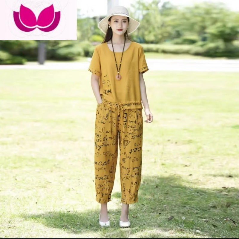 七斓新款中老年棉绸短袖套装女休闲外穿妈妈夏装人造棉大码上衣套