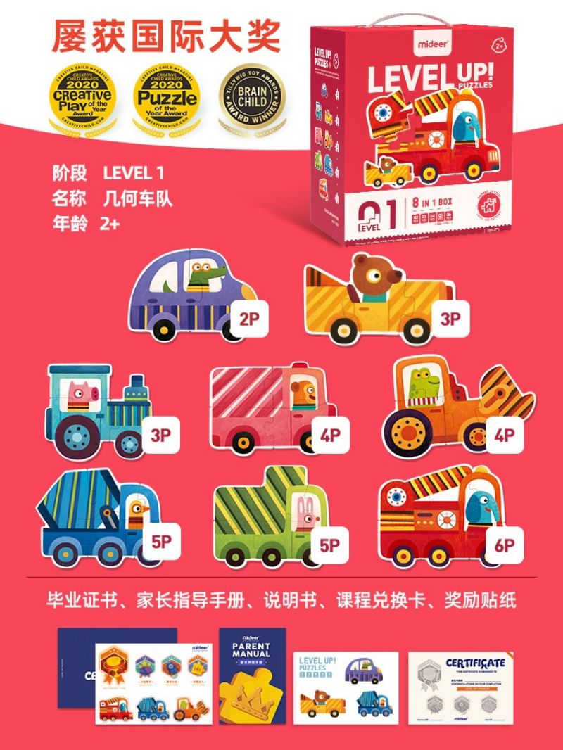 mideer弥鹿儿童拼图1-8阶进阶拼图男孩女孩宝宝幼儿玩具3-8岁2724 1阶-几何车队（建议1-2岁内含8副）