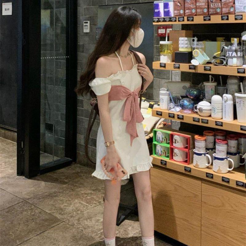 SEOUL又奶又欲~甜美洋气法式复古泡泡袖设计感荷叶边蝴蝶结连衣裙 白拼粉 S