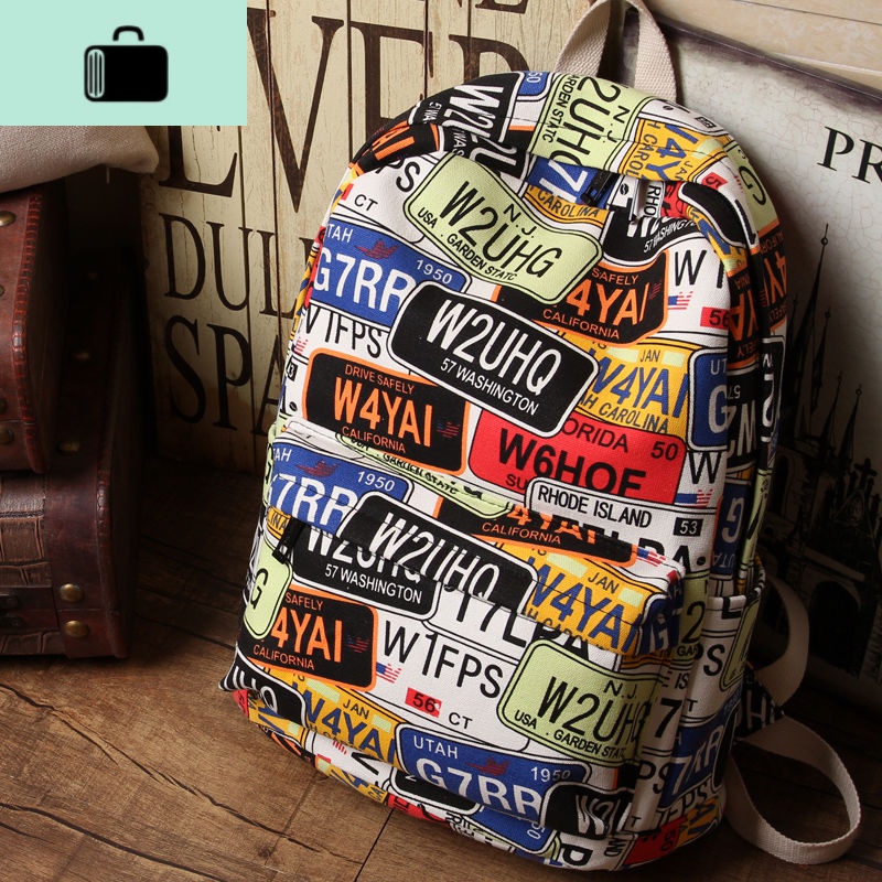 双肩包潮流时尚帆布男初中高中学生女书包个性印花校园背包旅行包NEW LAKE 英文车牌