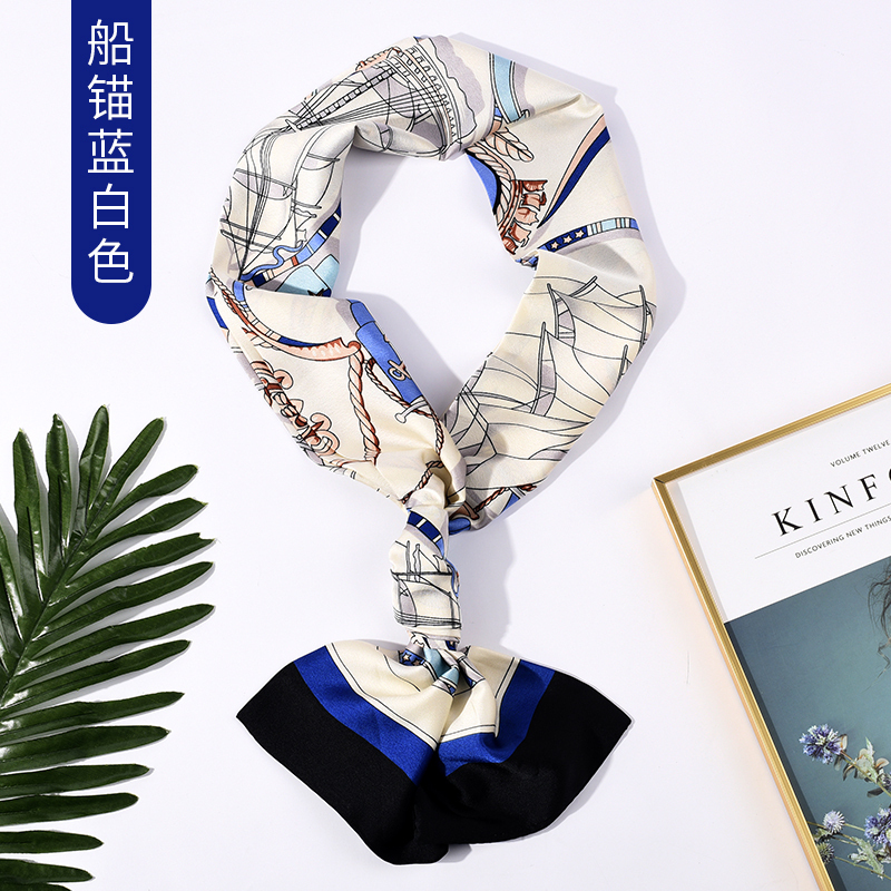 美帮汇姚晨小领巾女春秋款洋气时尚百搭装饰长条腰带小丝巾领带丝带 白色船锚蓝白色