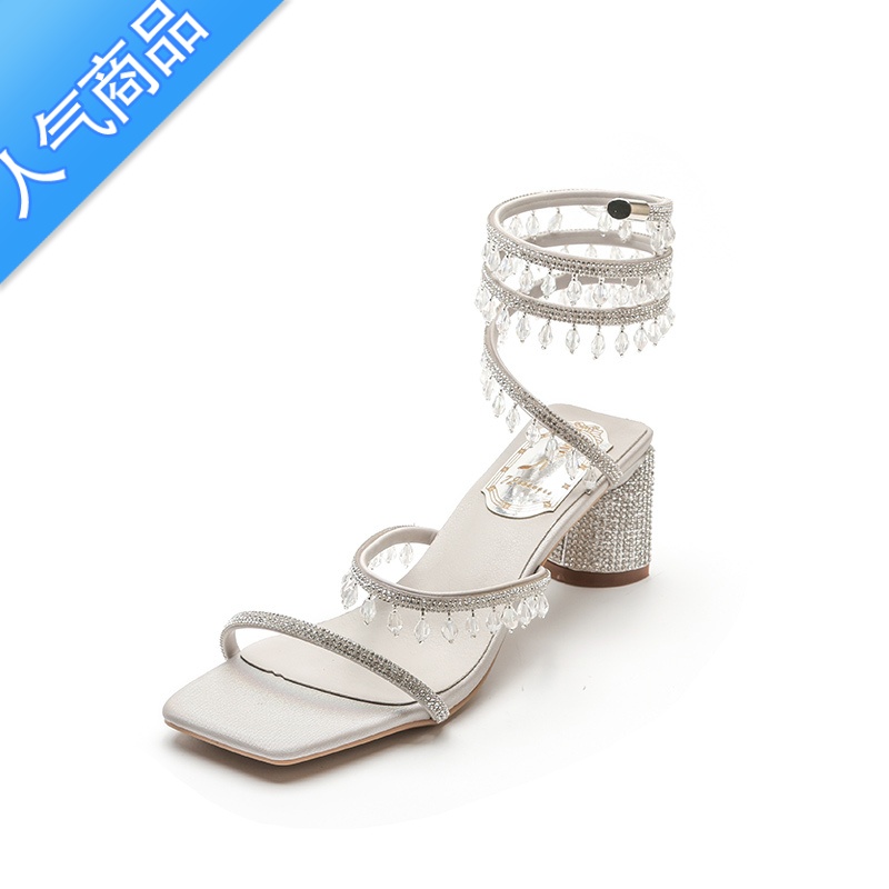 SUNTEK水钻粗跟凉鞋女2023夏季新款仙女风一字带蛇形缠绕罗马绑带高跟鞋高清大图