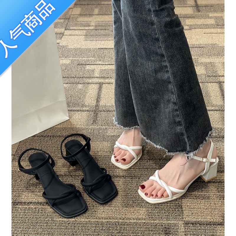 SUNTEK法式百搭复古粗跟仙女风凉鞋女2023新款夏季配裙子网红罗马鞋高清大图