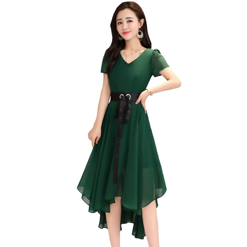 女士夏款新品韩版女装碎花雪纺中长款连衣裙前短后长裙子潮夏天